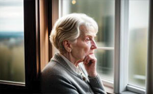 elderly woman is looking out a window with her hand held up to her chin