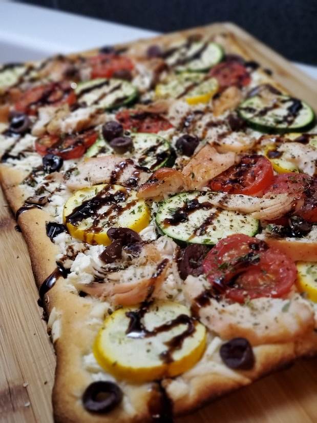 BBQ Chicken flatbread with Zucchini, Feta & Balsamic Drizzle